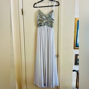 VTG 70s Silver Metallic Grecian Disco Ethereal After Six Maxi Halter Dress Xs
